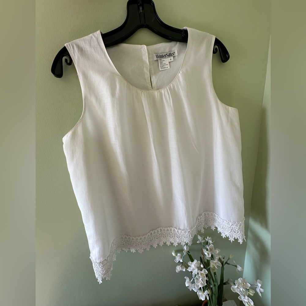 WinterSilks silk blend dressy lined tank top w/lace embroidered bottom off white